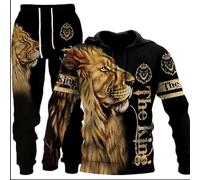 hiegi Athletic - Tuta sportiva da uomo, 2 pezzi, con leone 3D, tigre, lupo, casual, jogging, felpa con cappuccio, FWolf-2, L