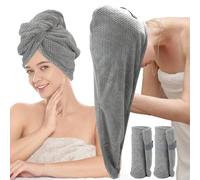 Hience 2 Articoli 86x26CM Grande Turbante Asciugacapelli per Capelli Lunghi e Ricci, Asciugamano Microfibra Capelli Turbante ad Asciugatura Rapida e Anti-crespo con Cinghie Elastiche per Donne, Grigio