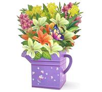 Hierein Biglietti Auguri Compleanno, Annaffiatoio Giglio Viola Biglietto Pop Up con Busta e Bigliettino, Bellissimo Bouquet di Fiori di Carta Biglietto Auguri per Compleanni Anniversari San Valentino