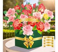 Hierein Biglietti Auguri Compleanno, Biglietto Festa Della Mamma Romantico Rosa Fiore con Busta e DIY Adesivi, 3D Pop Up Biglietto Auguri per Madre Moglie Fidanzata, Regalo Festa Della Mamma