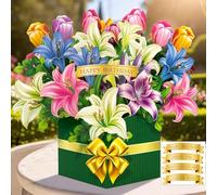 Hierein Biglietto Auguri Compleanno, Giglio Biglietti Auguri Compleanno con Busta e DIY Adesivi, 3D Bellissimo Biglietto Auguri per Mamma Moglie Fidanzata Migliore Amico Collega, I Love You, Thank You