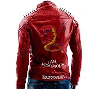 HiFacon Giacca da motociclista da uomo con scritta "I am Venomous" Last Bite Last Breath Serpents borchiate Red Brando Vintage Motorcycle Retro Biker Giacca in pelle capispalla, Rosso - Giacca con