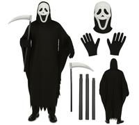 HiFEN Costume di Halloween da demone per adulti, maschera spaventosa per Halloween, vestaglia nera con cappuccio, cintura regolabile e falce per feste di Halloween, casa infestata e cosplay