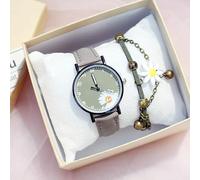 HIFFEY Abito da Donna Orologio con Fiori Orologio da Polso da Donna Carino con Bracciale Set Orologi Casual da Donna in Pelle Opaca (Color : Grey Set)