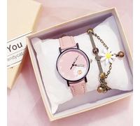 HIFFEY Abito da Donna Orologio con Fiori Orologio da Polso da Donna Carino con Bracciale Set Orologi Casual da Donna in Pelle Opaca (Color : Pink Set)