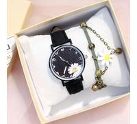 HIFFEY Abito da Donna Orologio con Fiori Orologio da Polso da Donna Carino con Bracciale Set Orologi Casual da Donna in Pelle Opaca (Color : Black Set)