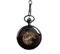 HIFFEY Orologio da tasca a doppia faccia liscio con catena spessa nera, orologio da tasca con superficie cava, nero bianco, scala romana