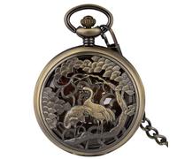 HIFFEY Orologio da taschino meccanico retrò con motivo ad albero di uccelli squisiti da uomo in rame rosso con numeri romani quadrante orologio a sospensione da uomo catena Fob regali