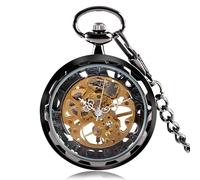 HIFFEY Orologio Steampunk for uomo donna orologi da tasca meccanici di lusso a carica manuale pendente in bronzo dorato argento con portachiavi Chian (Color : Black)