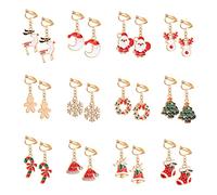 HIFOT 12 Paia Natale Orecchini Clip Set per Donne Bambina Natale Regalo, Padre Natale Fiocchi di neve Renna Alberi di Natale Gioielli Orecchini Bambini Regali per Ragazze