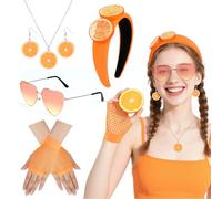 Hifot 5 Pezzi Accessori Costume Arancione Frutta, Cerchietto Capelli Arancione Occhiali Cuore Orecchini Collana Guanti a Rete, Accessori Carnevale Donna Travestimenti per Festa Halloween Carnevale