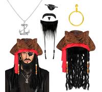 Hifot 5 Pezzi Accessori Costume da Pirata,Cappello Pirati Orecchini Collana Benda Costume Pirata Halloween Carnevale Feste Pirati Cosplay per Adulti