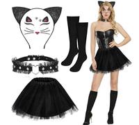 Hifot 5 Pezzi Costume Gatto Nero Donna,Gonna Tutu Orecchie Gatto Girocollo Cat Accessori Costume Carnevale Halloween Festa