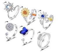 Hifot 6 Pezzi Anello Antistress Donna Argento Anello Regolabile Donna, Set Anelli Antistress Uomo Ansia Spinner Fidget Anelli con Cristallo Girasole Fiore Ape Farfalla Sole per Ragazza