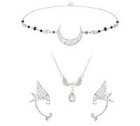 HIFOT Accessori per Capelli Boho Donna, Orecchie Elfo Orecchini Argento Catenina per Capelli Luna Tiara Elfica Cristallo Nero Collana Fairy Tail Accessori Nozze Copricapo Halloween Costume Cosplay