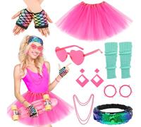 Hifot Costume Anni 80 Donna,Accessori Anni 80 90 Neon Gonne Orecchini Occhiali Scaldamuscoli Guanti a Rete per Festa a Tema Carnevale Cosplay
