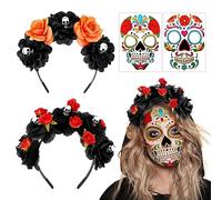 Hifot Fascia per il Giorno dei Morti, 4 Pezzi Corona Di Fiori con Tatuaggio Temporaneo, Cerchietti Halloween con Rosa Fiore, Messicano Copricapo Accessori Donna