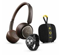 HIFUTURE BACK TO SCHOOL PACK 1: Cuffie wireless Bluetooth 5.4 HI-TURBO3-26 con cancellazione del rumore (marrone) + Smartwatch HI-FLEX2 BLACK + Altoparlante Bluetooth HI-LINO S-26