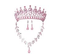 High-End Bridal Three-Piece Set - Necklace, Earrings & Crown For Wedding Season(Silver Pink)