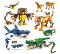 HIGH GODO Mini set di mattoncini da costruzione 3 in 1 tigre, coccodrillo, squalo, gufo, simulazione di dodici tipi di animali, idee, giocattoli per bambini, ragazzi e ragazze (1084 pezzi)