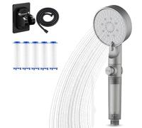 High Pressure 5-Mode Filtered Shower Head,Filtered Shower Head with Handheld,Built-In Power Wash, One-Click Water Stop,1/2'' Connection, Tool-Free Installation (Con base + tubo flessibile)