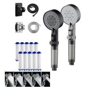 High Pressure 5-Mode Filtered Shower Head,Filtered Shower Head with Handheld,Filtered booster showerhead,Built-In Power Wash for Hard Water, With PP Filter Cotton, One-Touch Switch (Black+Silver)