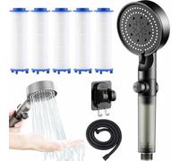High Pressure 5-Mode Filtered Shower Head, Filtered Shower Head with Handheld, Water Softener for Hard Water, One-click Water Stop, With Hose, Bracket, Filter Cotton (1*Black, With accessories)
