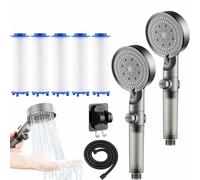 High Pressure 5-Mode Filtered Shower Head, Filtered Shower Head with Handheld, Water Softener for Hard Water, One-click Water Stop, With Hose, Bracket, Filter Cotton (2*Grey, With accessories)