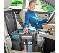 High Road CarHop - Organizer per seggiolini auto per bambini e adulti, con vassoio portabicchieri, tasche laterali e vano refrigerante (grande, nero)