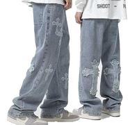 High Street Cross Patch Jeans Mens Trendy Brand Hip-Hop Bei Pantaloni Lunghi Dritti Larghi a Gamba Larga(Blue,L)