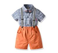 Highdi 2 Pezzi Completo Estivo Bambino Set Camicia Manica Corta Bottoni Papillon + Pantaloncini con Stampa Quadri, Set di Casual Spiaggia Vacanze Ragazzi (B,100cm)