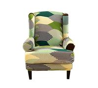Highdi 2 Pezzi Copripoltrona con Orecchie Elasticizzato, Copridivano da 1 Posto con Fodera per Cuscino, Lavabile Rimovibile per Bar Soggiorno Camera da Letto Reception (Geometria Verde)