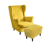 Highdi 2 Pezzi Velluto Copripoltrona con Orecchie e Copri Pouf Elasticizzato, Copridivano da 1 Posto con Fodera per Cuscino, Lavabile Rimovibile per Bar Soggiorno Camera da Letto (Giallo)