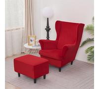 Highdi 2 Pezzi Velluto Copripoltrona con Orecchie e Copri Pouf Elasticizzato, Copridivano da 1 Posto con Fodera per Cuscino, Lavabile Rimovibile per Bar Soggiorno Camera da Letto (Rosso Ciliegia)