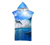 Highdi Surf Poncho con Cappuccio, Delfino Stampa Microfibra Asciugatura Rapida Telo Mare Uomo o Donna Adulto Asciugamano Accappatoio Ideale per Sport Piscina Spiaggia Nuoto (75x110cm,Onde)