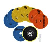 HIGHDRIL Disco di lucidatura diamantato Set 10 pezzi - 100 mm secco diamante lucidatura pastiglie (grana #50 x 3/100 x 3/200 x 2) + M14 supporto in plastica + adattatore per marmo granito pietra