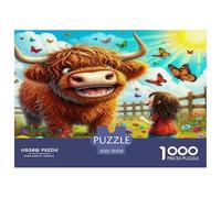 Highland Cattle - Mucca colorata dalle lunghe corna con ragazza e farfalla in un campo fiorito - Puzzle da 1000 pezzi per adulti - Attività divertente per i giorni di pioggia - 70x50 cm/1000 pezzi