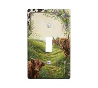Highland Cattle - Placca di copertura per interruttore della luce per bagno, rustica, campagna, fiori, erba, verde primavera, plastica, dimensioni standard, decorazione per la casa e il soggiorno