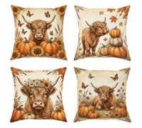 Highland Cattle - Set di 4 federe per cuscini rustiche, con zucche, girasoli autunnali, in morbido velluto, lavabili, decorative, per soggiorno, appartamento, letto, divano, 35,5 x 35,5 cm