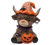 Highland Cattle Statua, Halloween Cow Figurina, Resin Sculpture Decor, Interactive Handcrafted Shelf Ornament for Farmhouse, Garden, Desktop Display, Apartment or Bedroom Styling 3.15x4.13 Inches