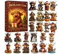 Highland Cow Calendario 'Avvento 2025, 26 x 18 x 4 cm, 24 giorni, calendario natalizio con 24 statuette 3D in miniatura, per albero di Natale, per maniglia della porta, comodino, libreria