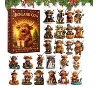 Highland Cow Calendario dell'Avvento, 24 giorni, conto alla rovescia 2D, decorazione per albero di Natale, regalo per gli amanti della mucca, cappello di Babbo Natale