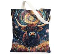 Highland Cow Canvas Tote Bag per le donne, Artistico Colorato Galassia Stelle Nessuno Multicolore Lavabile Riutilizzabile Mercato Tote Bag fo, Multicolore, 13x15 Inch