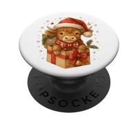 Highland Cow Christmas In Gifts Box Watercolor Santa Hat PopSockets PopGrip Adesivo