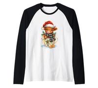 Highland Cow Christmas Mug Cute Santa Hat Watercolor Maglia con Maniche Raglan