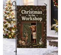 Highland Cow Christmas Workshop - Bandiera da giardino, 30,5 x 45,7 cm | Tema rustico del laboratorio, bandiera del cortile, illustrazione della mucca delle Highland, decorazione delle vacanze della