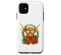 Highland Cow Christmas Wreath & Heart Glasses Watercolor Custodia per iPhone 11