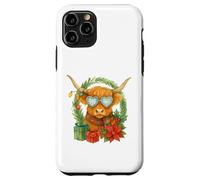 Highland Cow Christmas Wreath & Heart Glasses Watercolor Custodia per iPhone 11 Pro