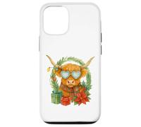 Highland Cow Christmas Wreath & Heart Glasses Watercolor Custodia per iPhone 12/12 Pro