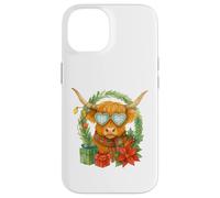 Highland Cow Christmas Wreath & Heart Glasses Watercolor Custodia per iPhone 14